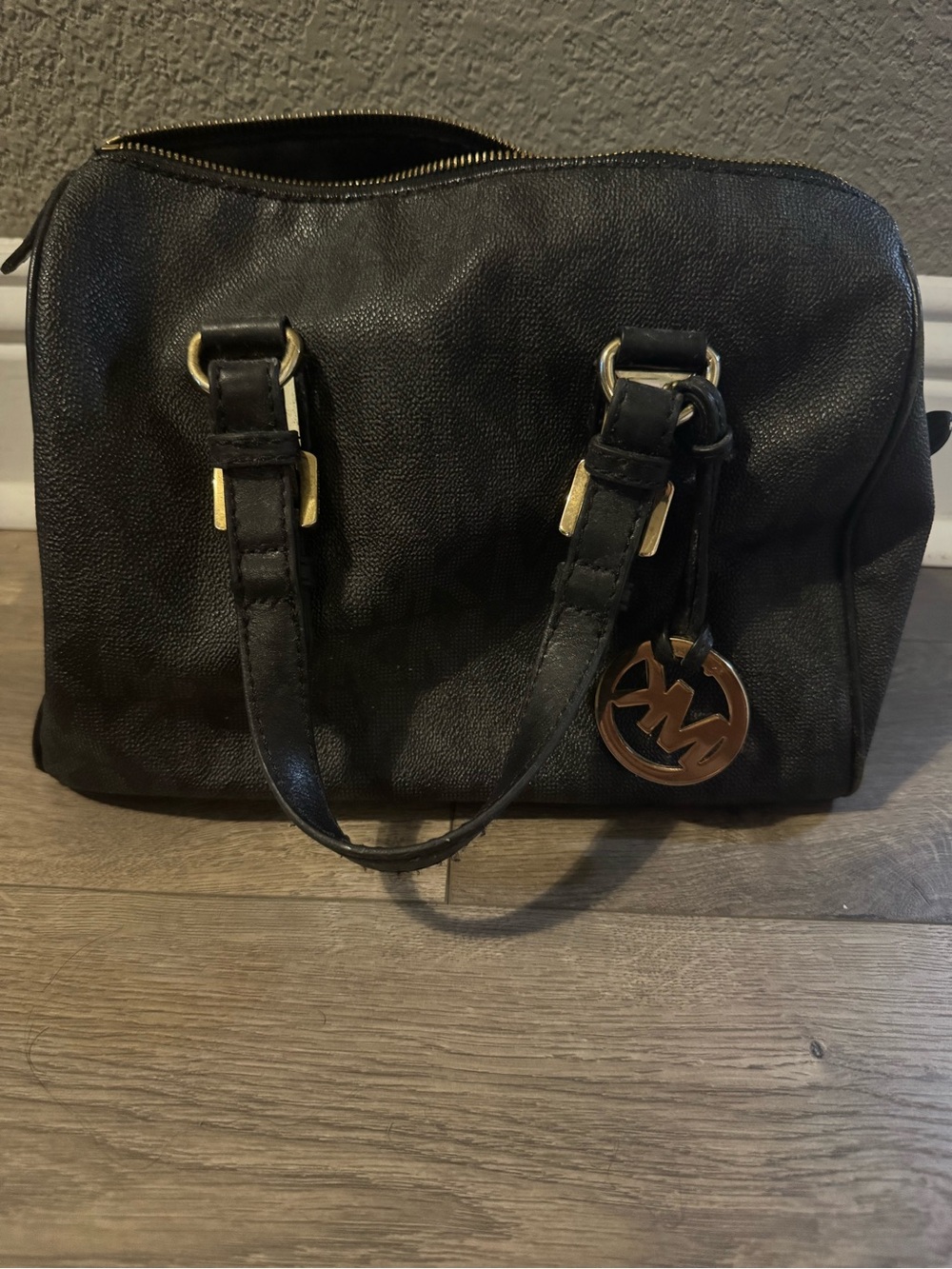 Michael Kors Black Leather Satchel with Gold Logo Charm